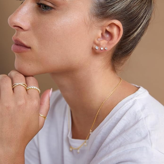 14K Gold Plated Cubic Zirconia Flat Back Stud Earrings | Helix Cartilage Jewelry